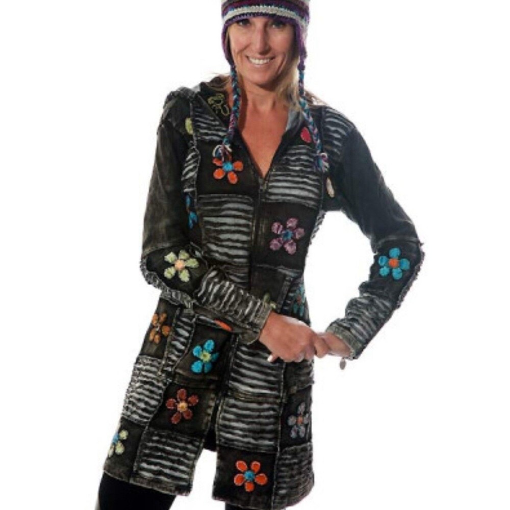 Handmade Shiva Patchwork Long Boho Hoodie Pre-Washed Cotton Black